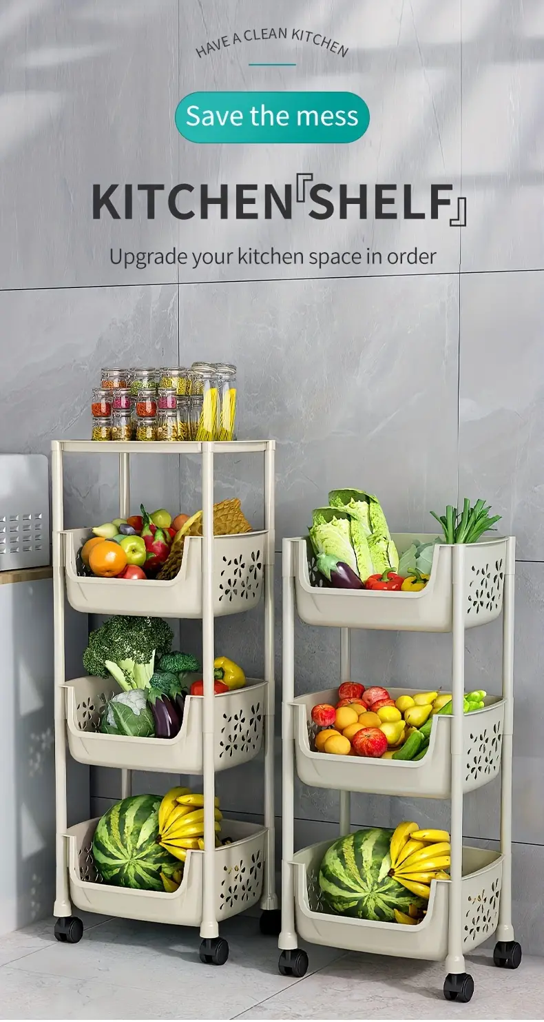 4-Tier Rolling Kitchen Storage Cart Organizer with Wheels, Plastic Multipurpose Shelf Unit for Vegetables, Fruits, Condiments 