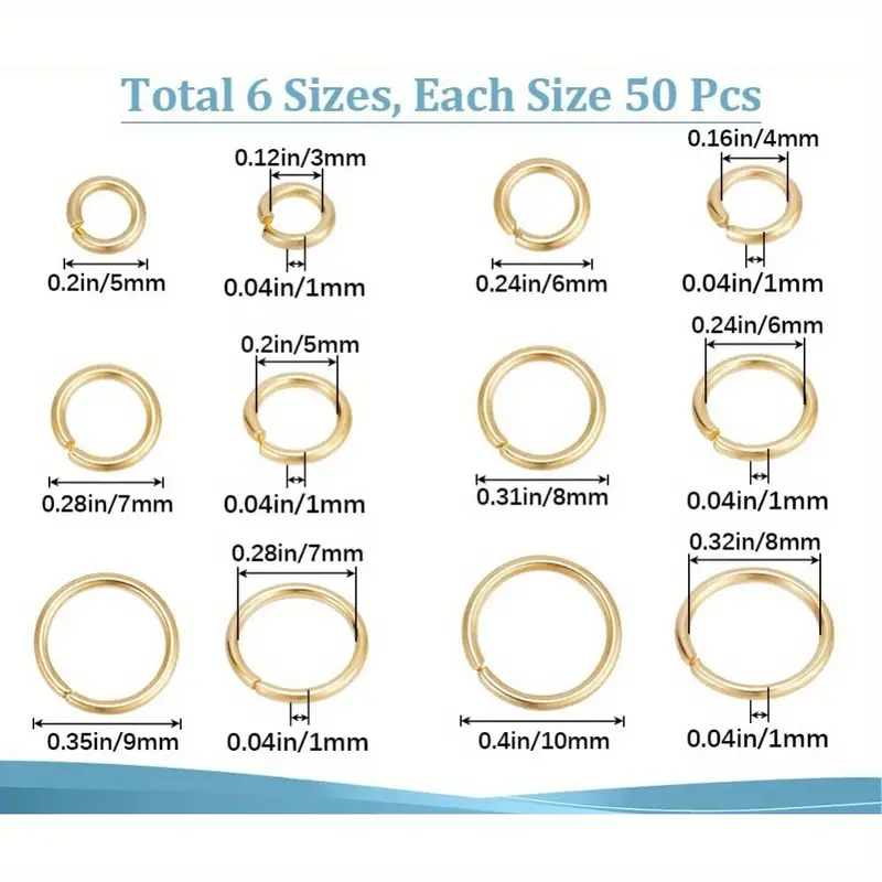 300 Pcs 5/6/7/8/9/10Mm Open Jump Rings Golden Plated Stainless Steel Single Loop Jump Ring Round Connector Rings for Bracelet Necklace Jewelery Making