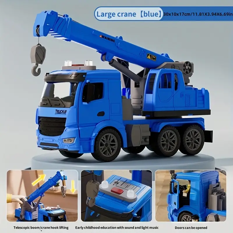 Children's Large Inertia Crane Toy with Extendable Arm and Openable Doors, Interactive Construction Truck with Realistic Sound and Flashing Lights