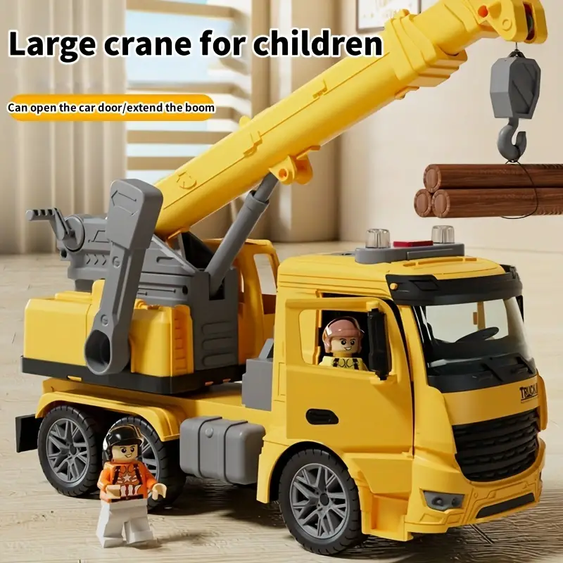 Children's Large Inertia Crane Toy with Extendable Arm and Openable Doors, Interactive Construction Truck with Realistic Sound and Flashing Lights