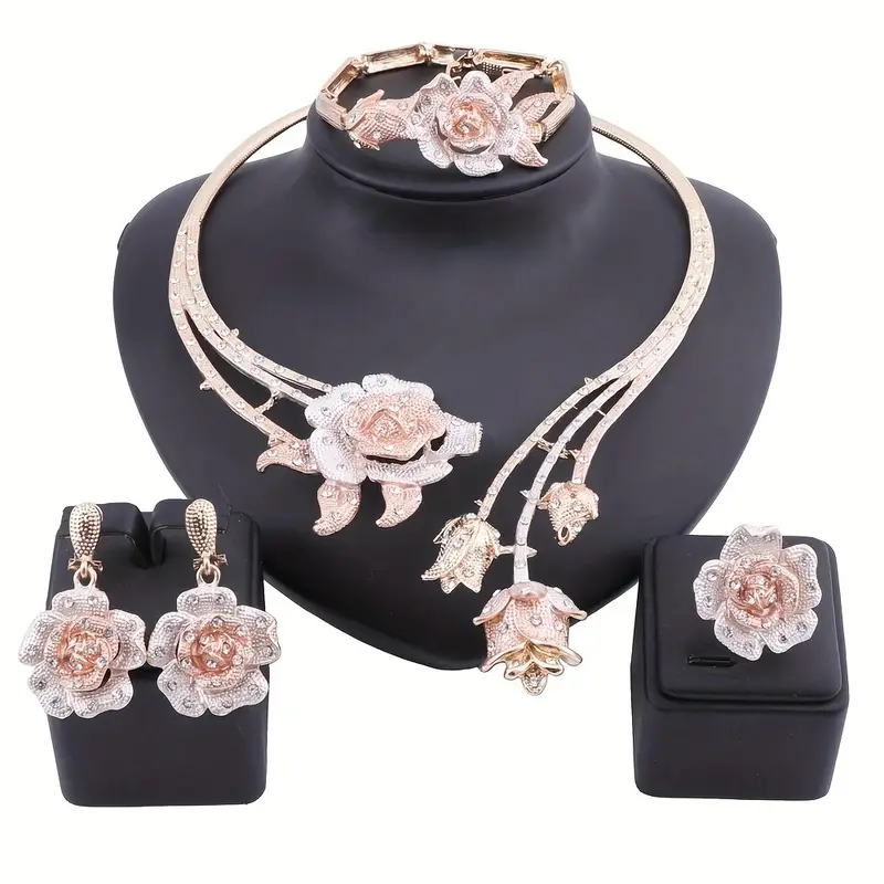 Elegant Rose Flower Crystal Jewelry Set for Women - Luxurious Necklace