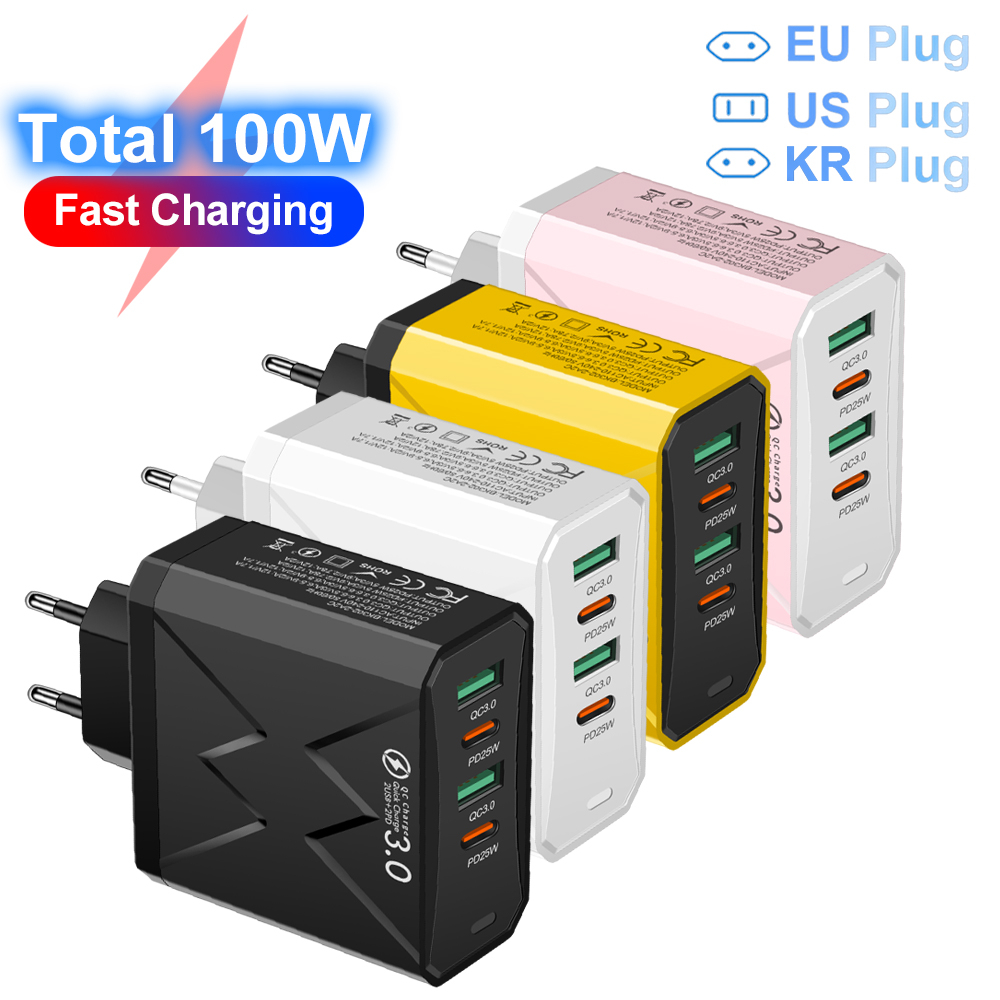 Total 100W 2USB 2PD Charger Fast Charging Quick Charge 3.0 Travel Charger For iPhone Samsung Huawei Xiaomi Mobile Phone Charge