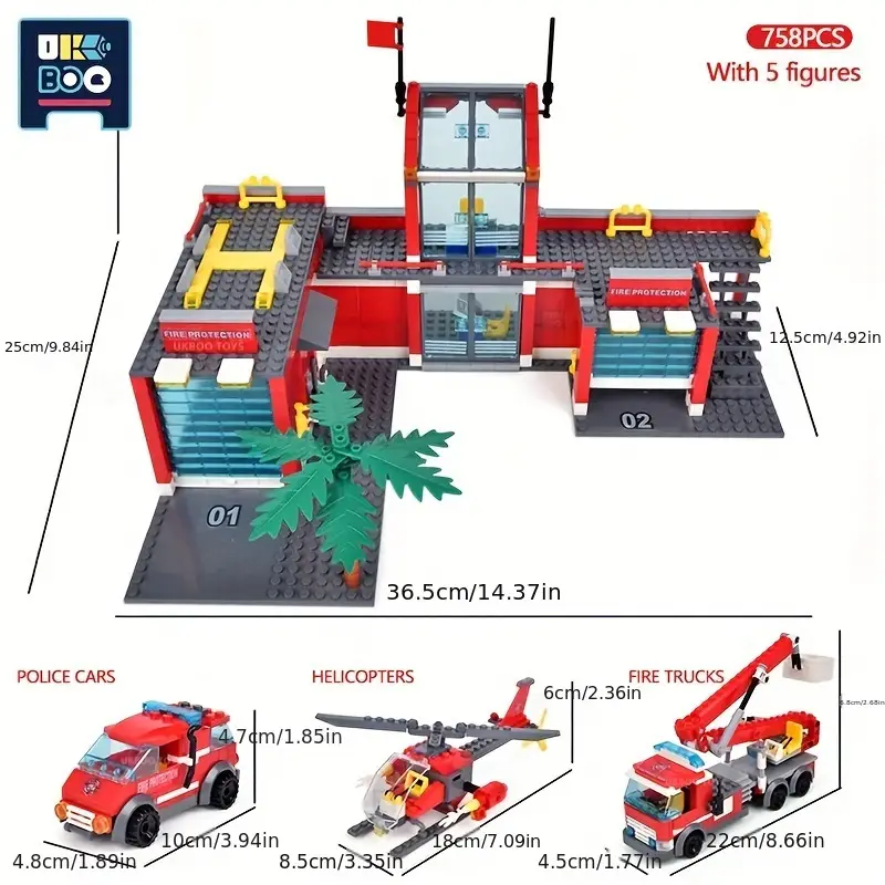 Firefighter Playset for Youngsters - Fire Station, Ladder Truck & Helicopter Building Blocks Set by Ukboo - Durable ABS Construction Toys for Boys