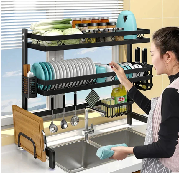 Dish Drying Rack Over Sink Kitchen Storage Shelf Counter-top Space Saver Display Stand Tableware Drainer Organizer Utensils Holder