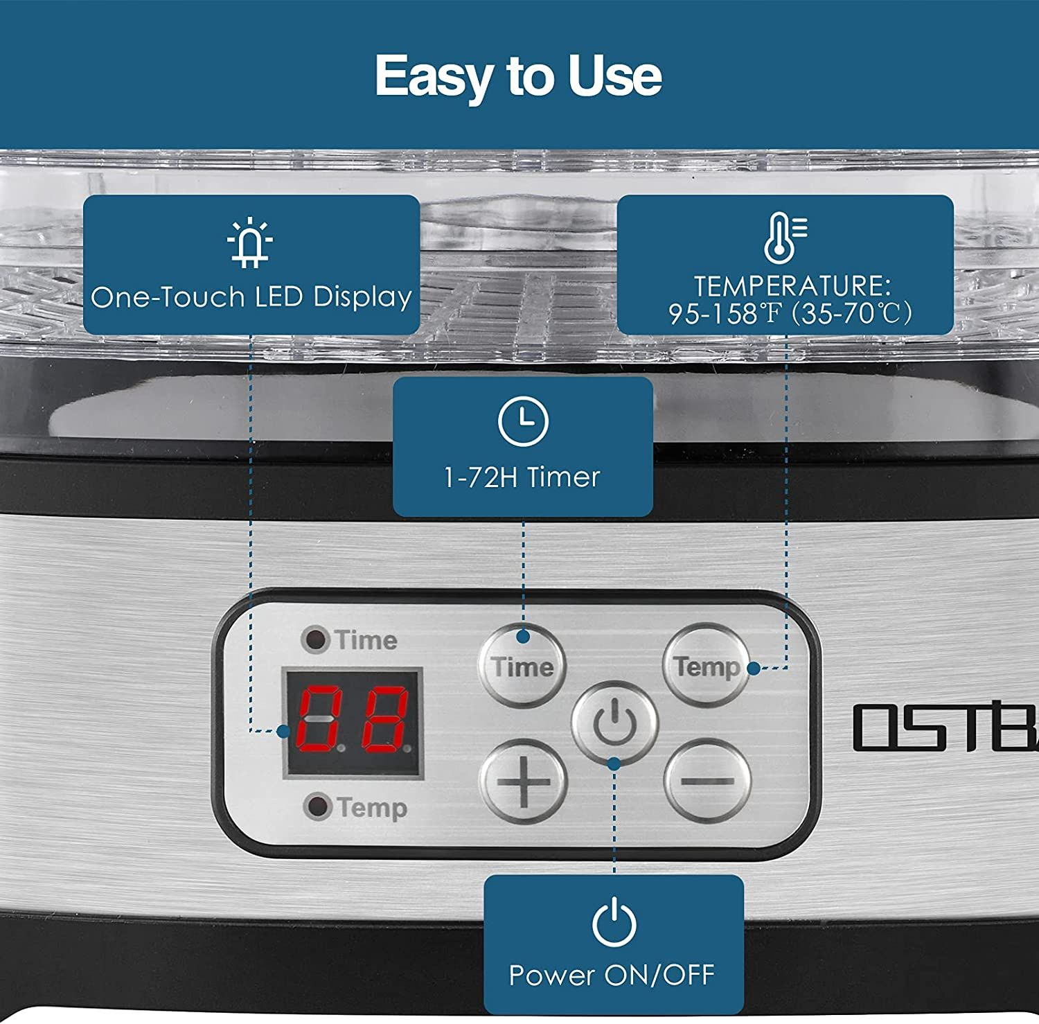 Dehydrator with Temperature Control (35-70°C), 72-Hour Timer Dehydrator, Dehydrator for Food, Meat, Fruit, Vegetable Dryer, 