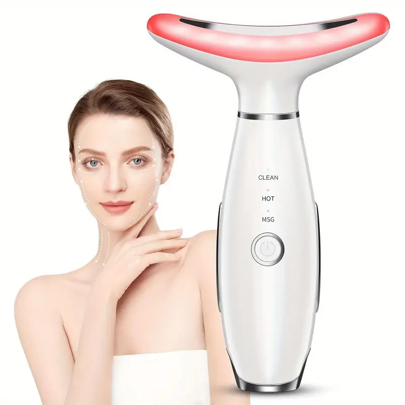 Facial and Neck Massager with 3 Massage Modes, Skin Care Beauty Device with Green, Red & Blue Light, USB Rechargeable 400mAh Lithium Battery,