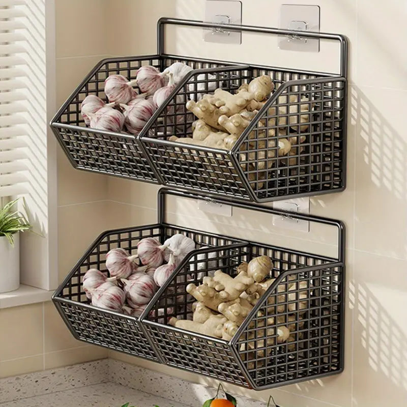 Rustic Stainless Steel 2-Tier Wall-Mounted Storage Basket for Fruits, Vegetables & More - Perfect for Kitchen Organization