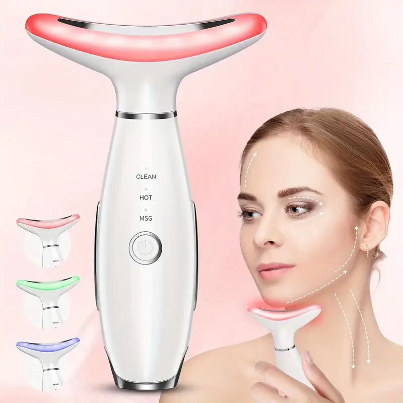 Facial and Neck Massager with 3 Massage Modes, Skin Care Beauty Device with Green, Red & Blue Light, USB Rechargeable 400mAh Lithium Battery,