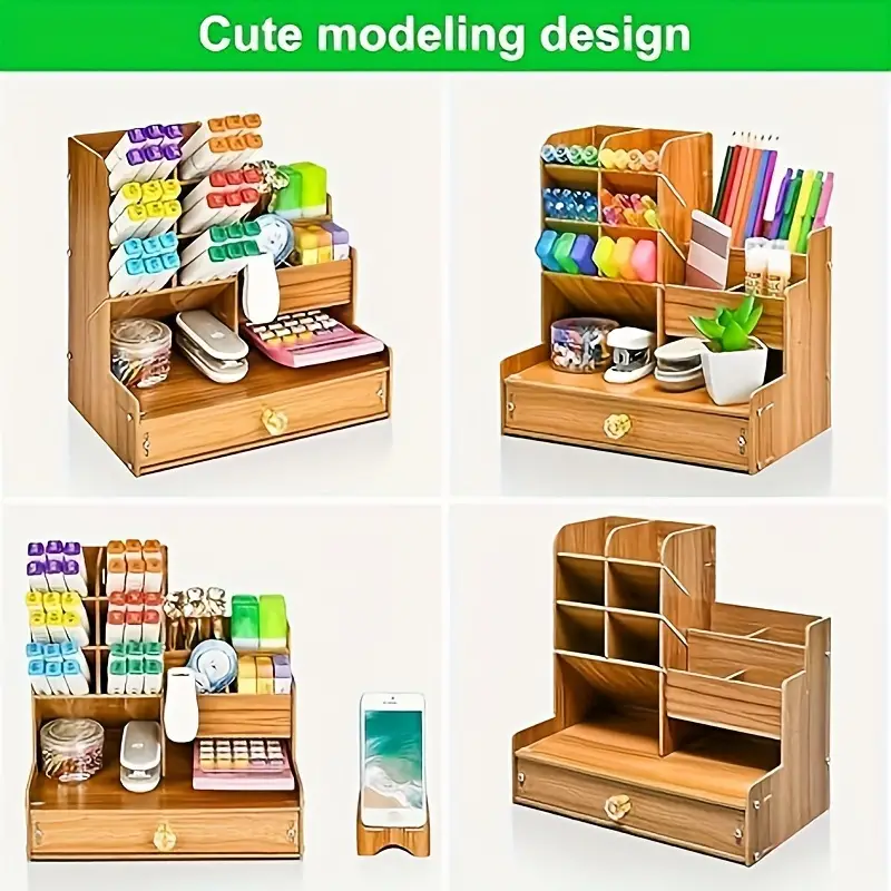 Wooden Desk Organizer with Drawer - Multi-Functional DIY Desk Storage Rack, Large Capacity Pen Holder, Office and School Supply Caddy