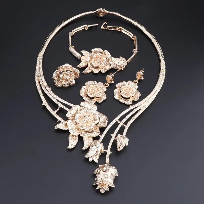 Elegant Rose Flower Crystal Jewelry Set for Women - Luxurious Necklace