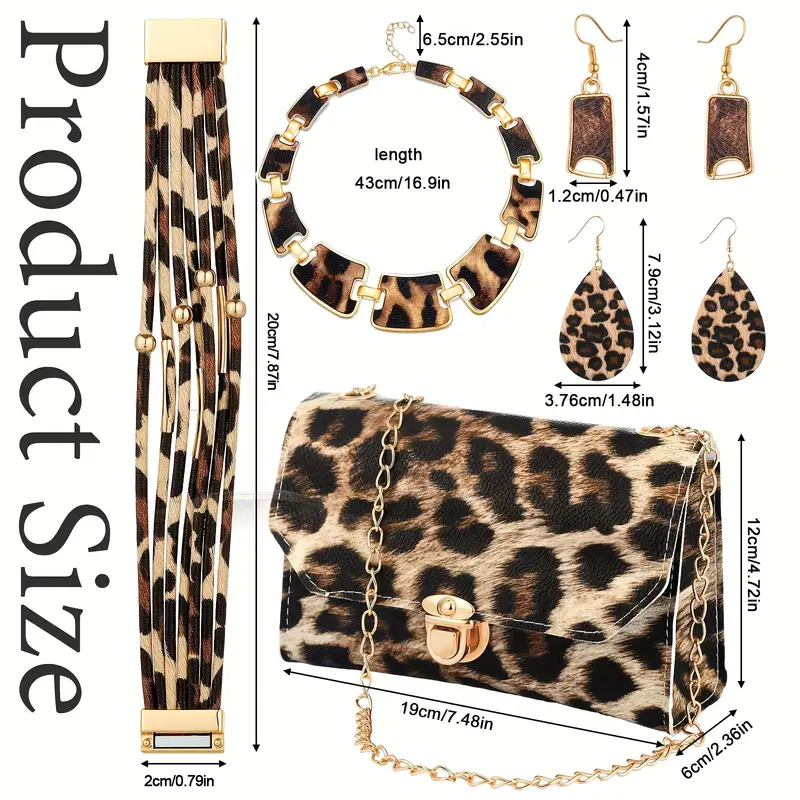  5-Piece Leopard Print Jewelry Set for Women - Plastic Fashion Statement Earrings, Bracelets, Necklace with Tassel Pendant,  Clutch Purse