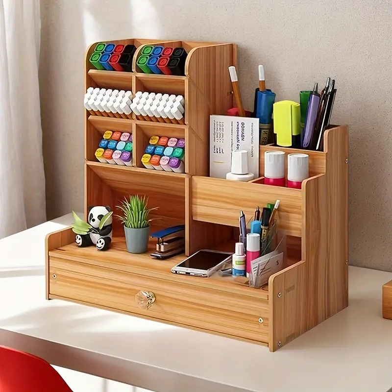 Wooden Desk Organizer with Drawer - Multi-Functional DIY Desk Storage Rack, Large Capacity Pen Holder, Office and School Supply Caddy