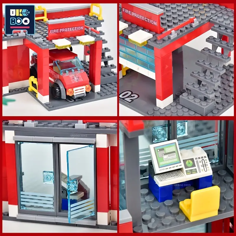 Firefighter Playset for Youngsters - Fire Station, Ladder Truck & Helicopter Building Blocks Set by Ukboo - Durable ABS Construction Toys for Boys