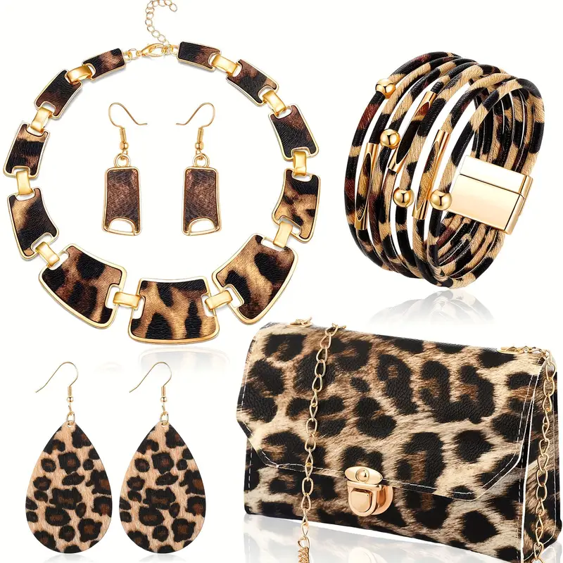  5-Piece Leopard Print Jewelry Set for Women - Plastic Fashion Statement Earrings, Bracelets, Necklace with Tassel Pendant,  Clutch Purse